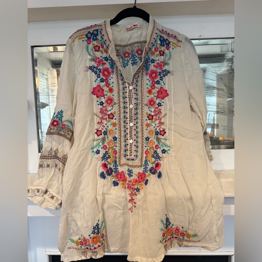 Johnny Was Cream Blouse with Colorful Embroidery